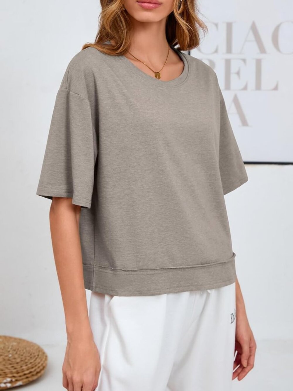 Women's Light Brown Crew Neck Short Sleeve Cropped T Shirt Loose Fit Casual Top - Picture 4 of 5
